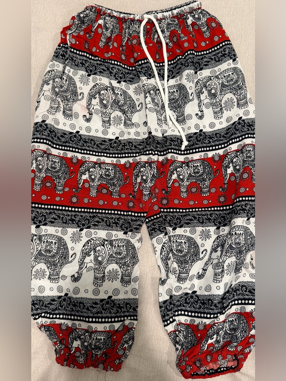 Kids Red & White Elephant Print Drawstring Pants